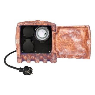 ST202B Außensteckdose für den Garten Stein-Optik braun 2-fach inkl. Zeitschaltuhr u. 5m Kabel