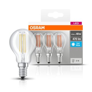 3x Osram LED Filament Leuchtmittel Tropfen 4W = 40W E14 klar 470lm neutralweiß 4000K